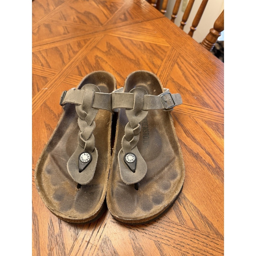 Birkenstock Gizeh Oiled Gray Leather Braided Sandal Women Sz EU 39/US L 8